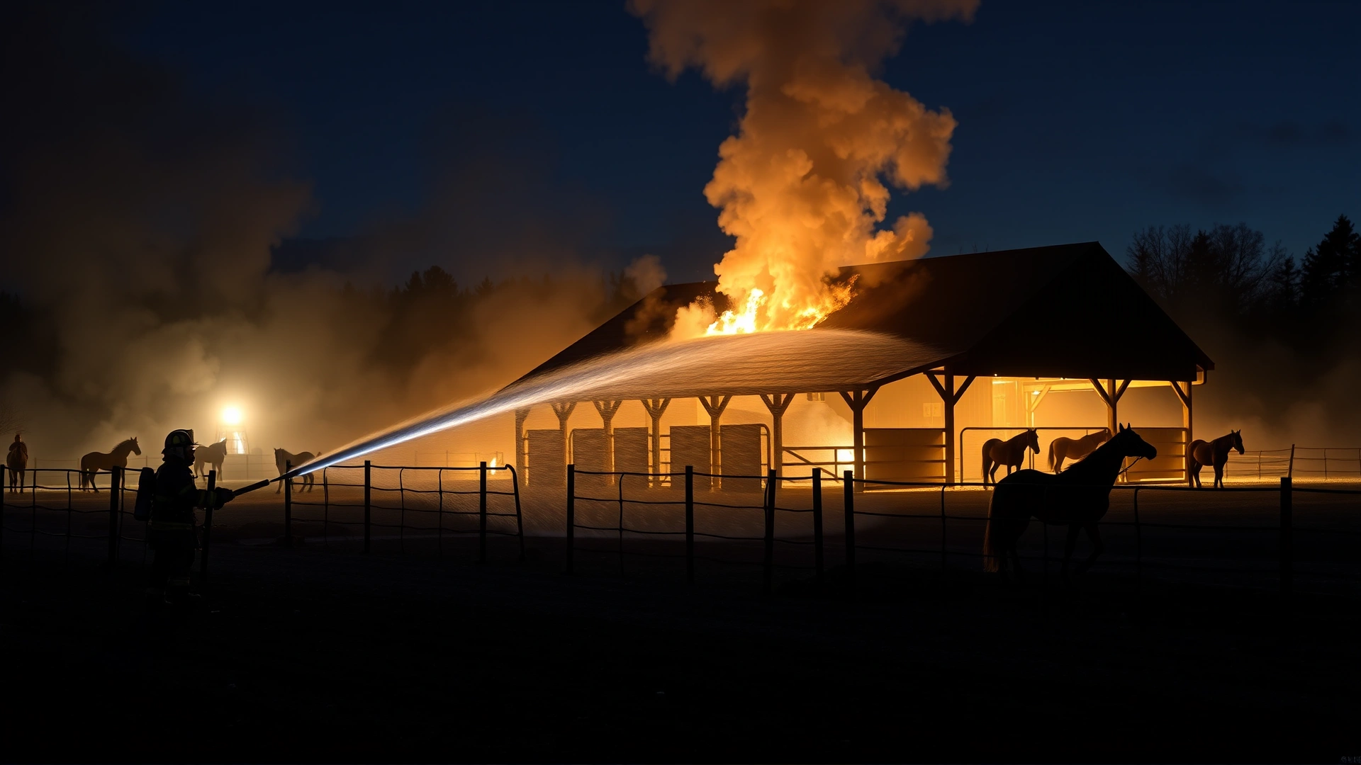 Dramatic photo of firefighters spraying water on a smoldering barn at night, silhouettes of horses safely in distant paddocks, smoke rising against dark sky
