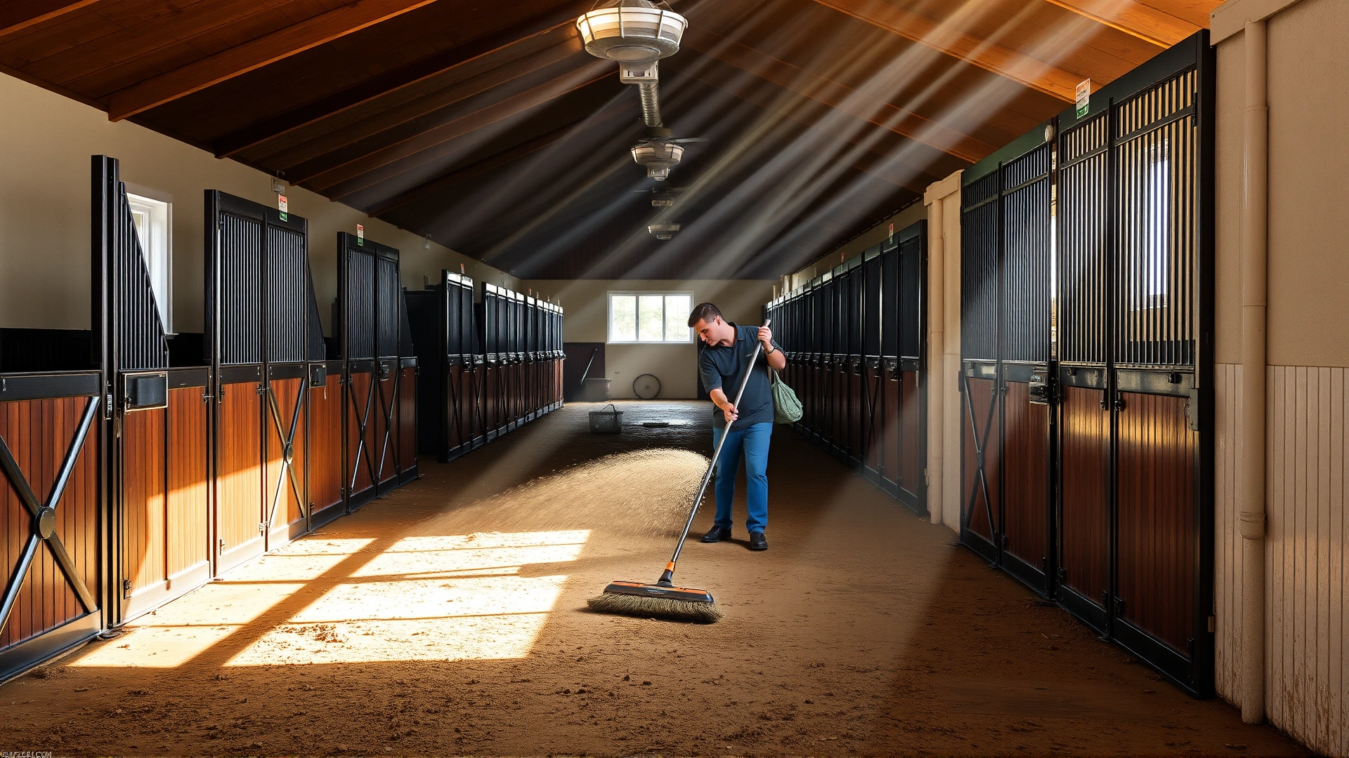 Stable aisle being swept and watered down to control dust, sunbeams filtering through windows, clean and organized environment.