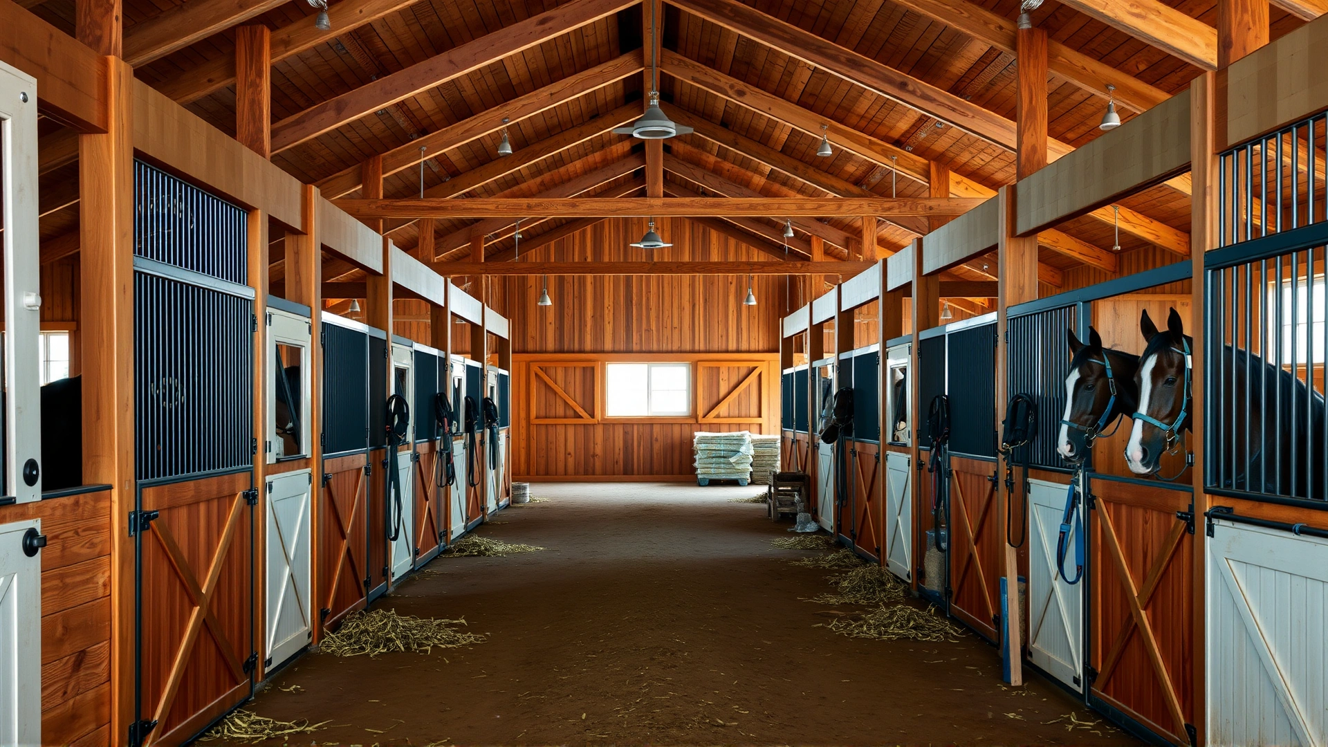 Bright, well-organized interior of a wooden horse barn with clean aisles, hay neatly stacked, and halters hanging on stall doors, showcasing a safe environment