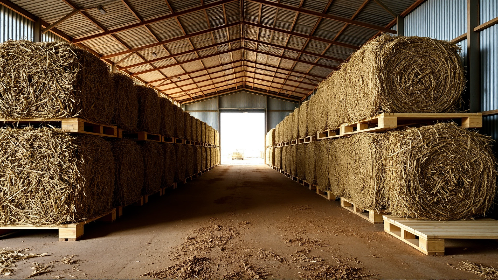 Organized stack of hay bales elevated on wooden pallets inside a ventilated barn; ample space between stacks and clean, swept floor.