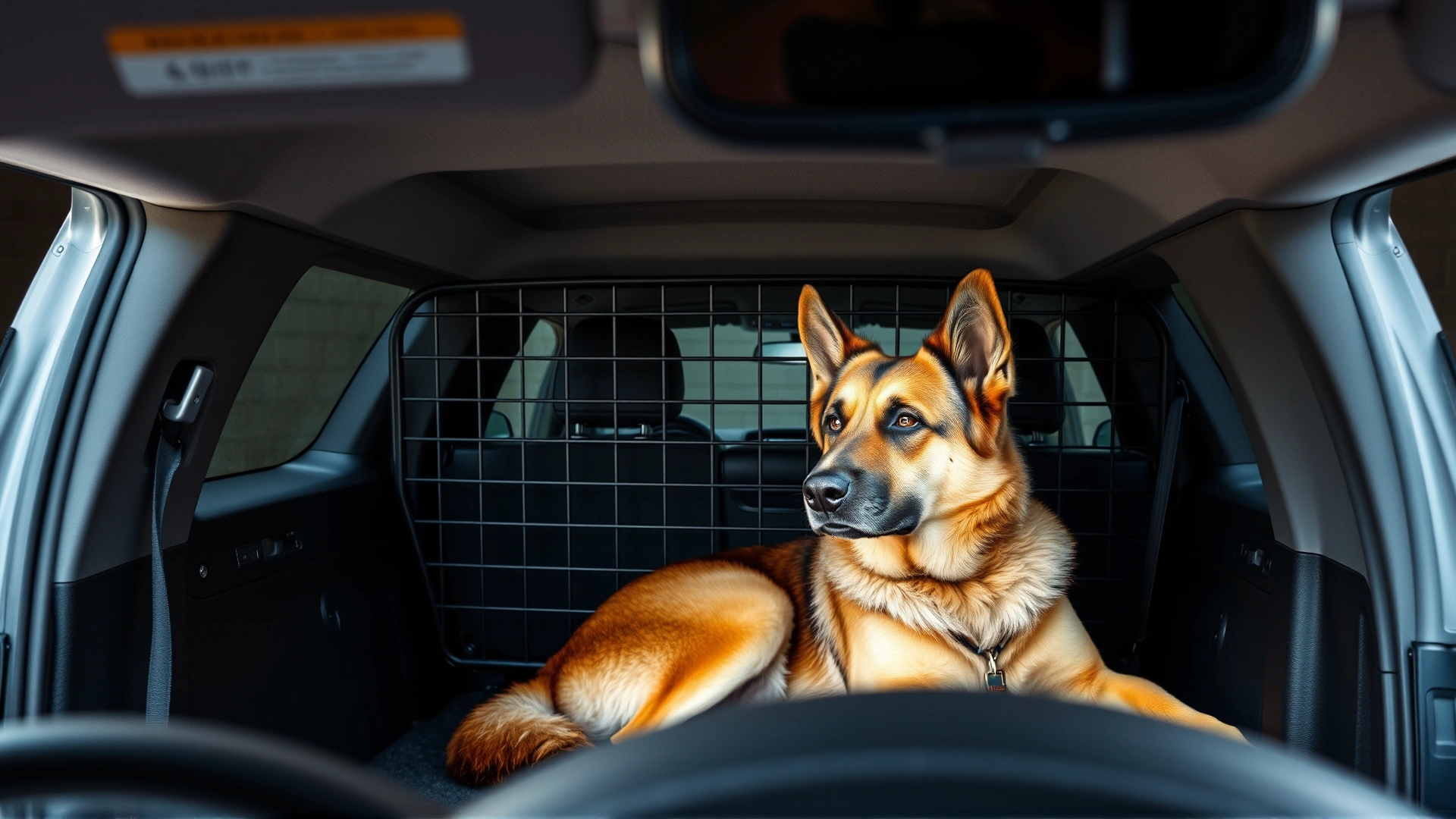 View from the driver’s seat showing a metal dog barrier separating the cargo area of an SUV where a large German Shepherd is resting.