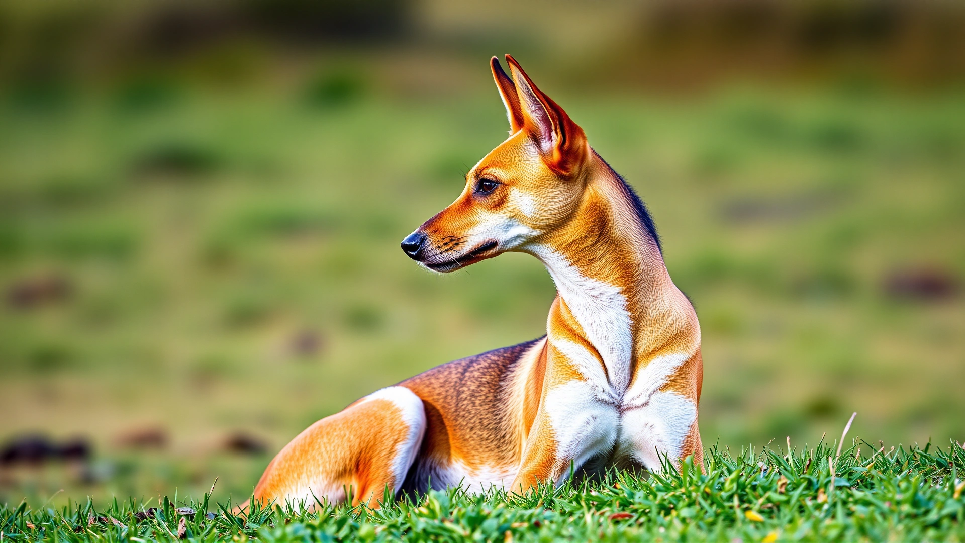 Side profile of a poised Basenji sitting on green grass with African savanna-like backdrop.