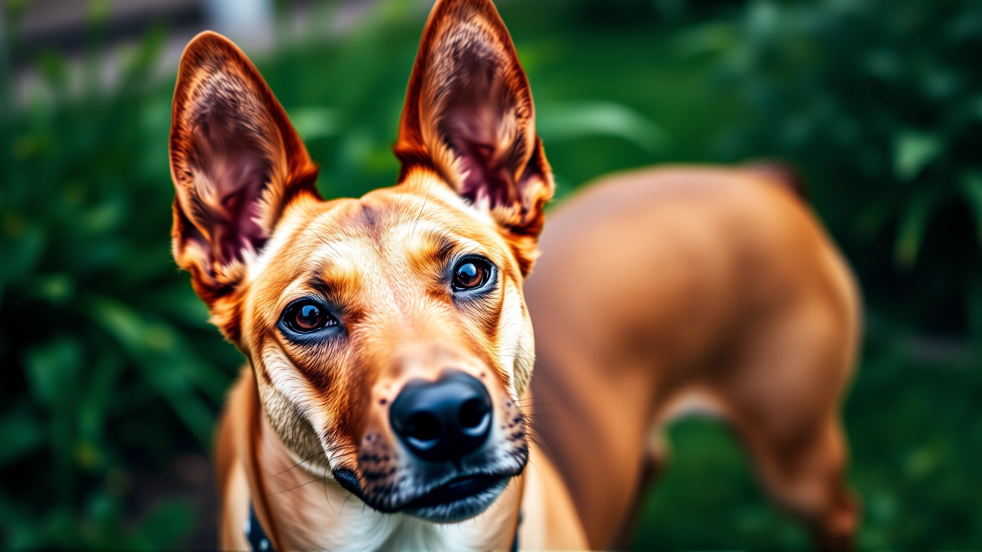 Close-up portrait of a curious Basenji dog with erect ears standing in a green garden.