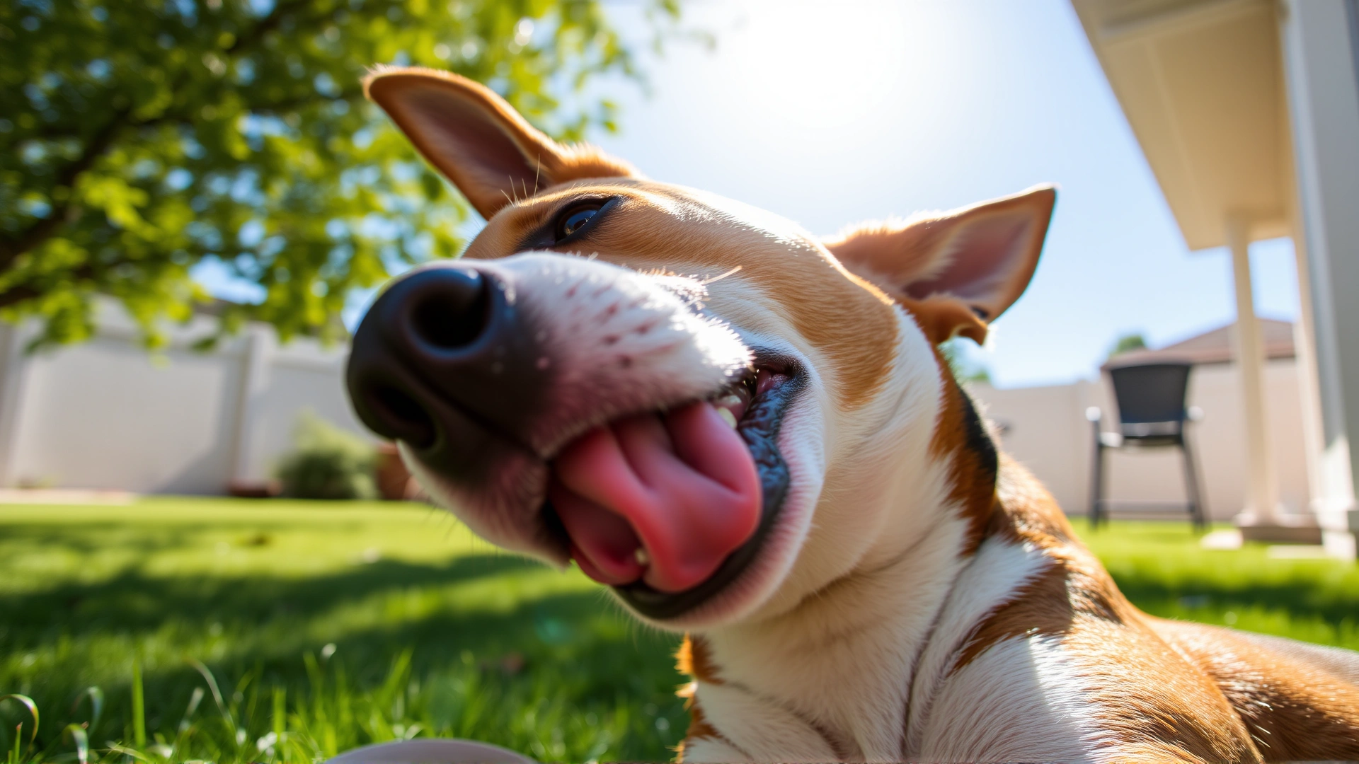 Close-up of a Basenji licking its clean paw in a sunlit backyard.
