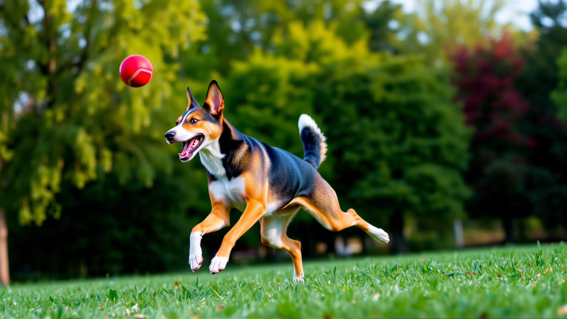 A Basenji joyfully chasing a red ball in a lush green park, mid-leap with ears perked up.