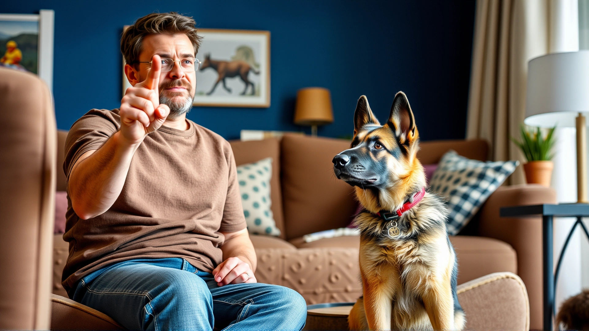 Owner pointing finger upward while a German Shepherd puppy sits on cue in a cozy living room