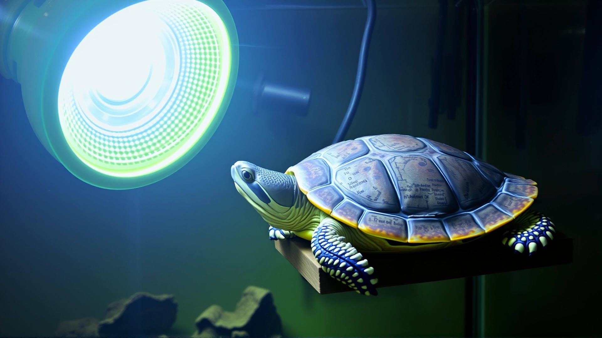 Mississippi map turtle basking under a heat lamp on a floating platform inside a home aquarium.