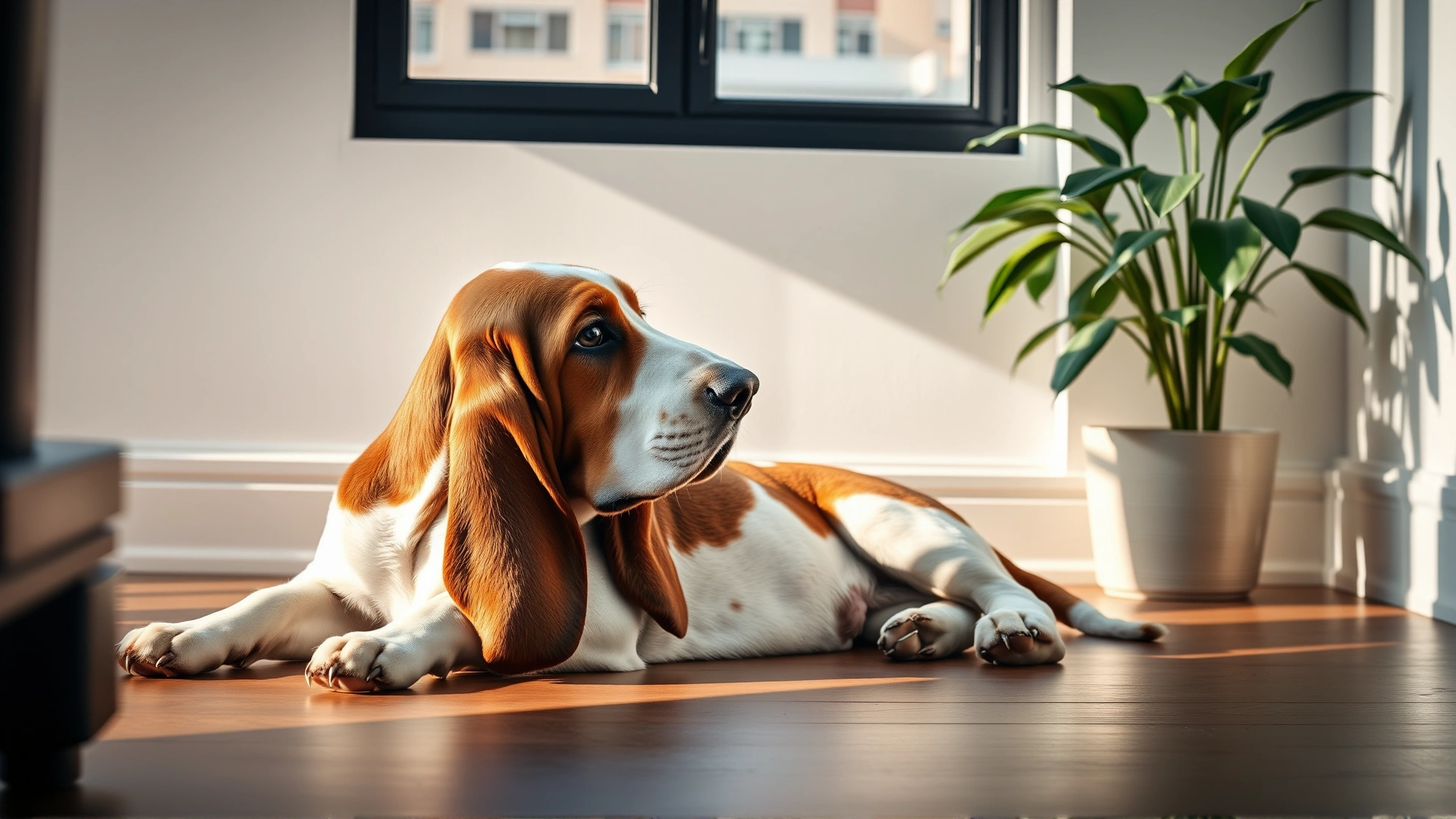 Basset Hound lying on a minimalist apartment floor near a potted plant, natural window light, urban lifestyle vibe