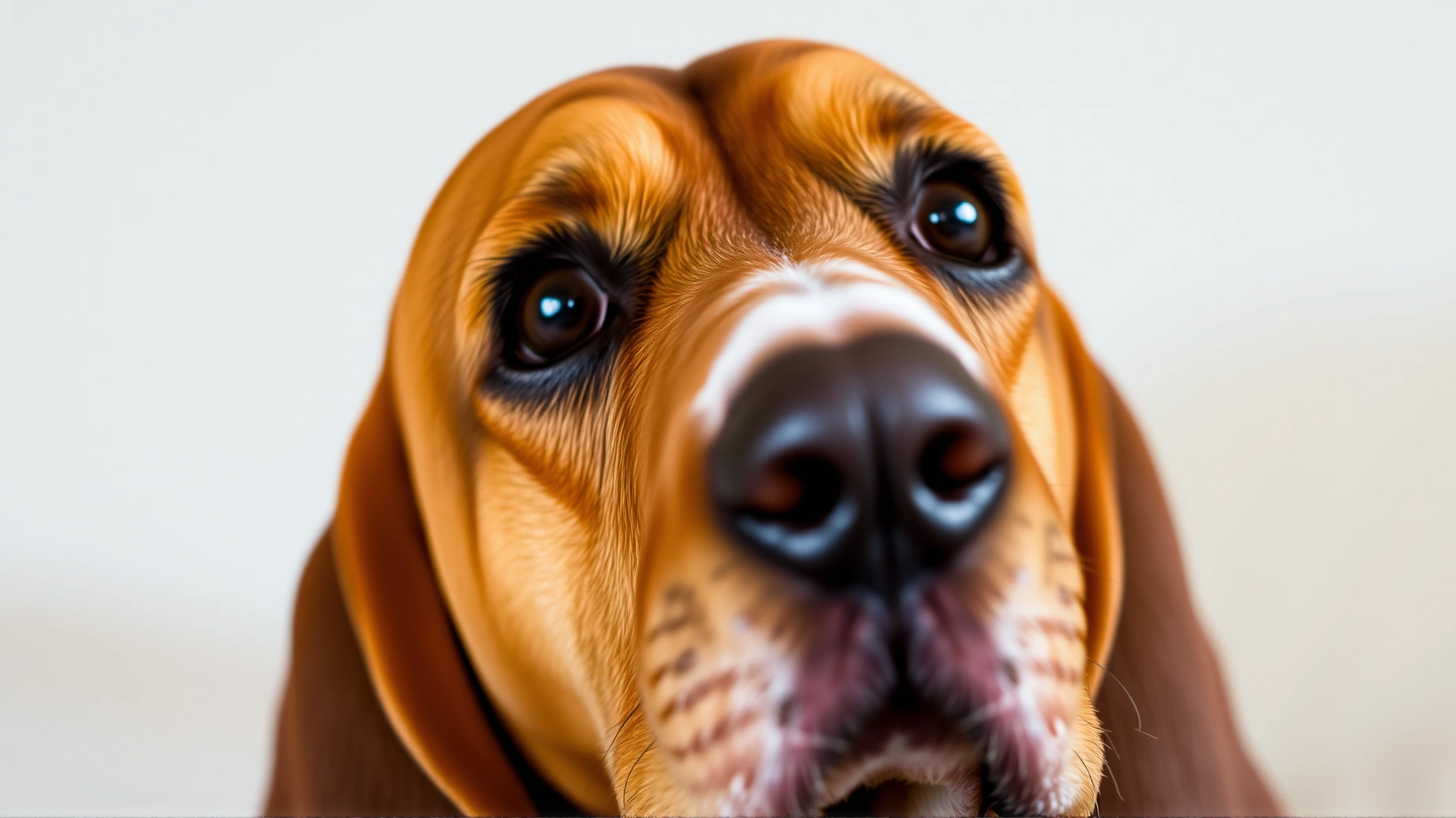 Close-up portrait of a Basset Hound, highlighting its droopy eyes, long velvet ears, and wrinkled forehead, shot with shallow depth of field
