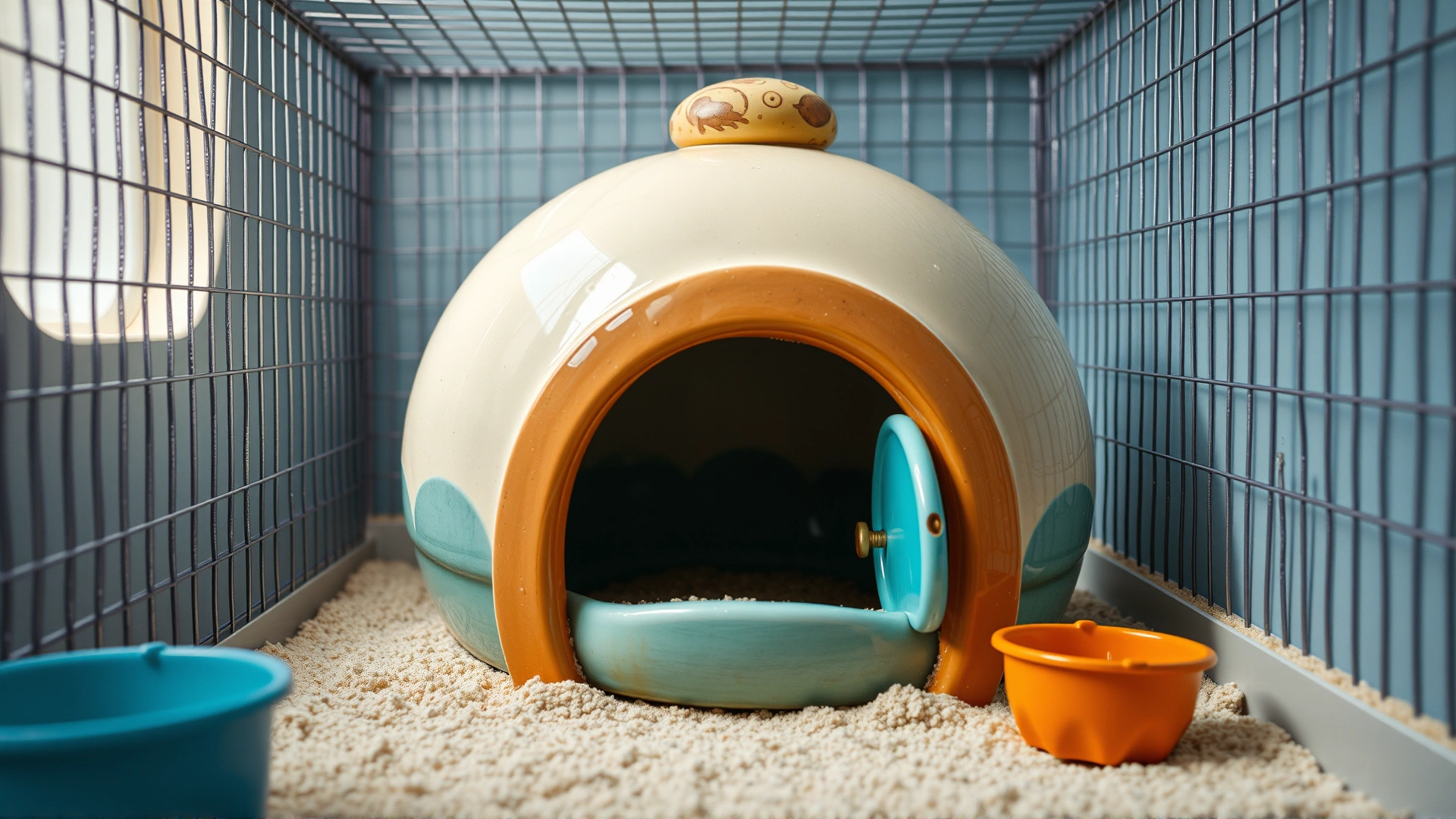 Ceramic chinchilla bath house placed inside a clean cage environment, light coming from the side, empty and ready to be filled with dust