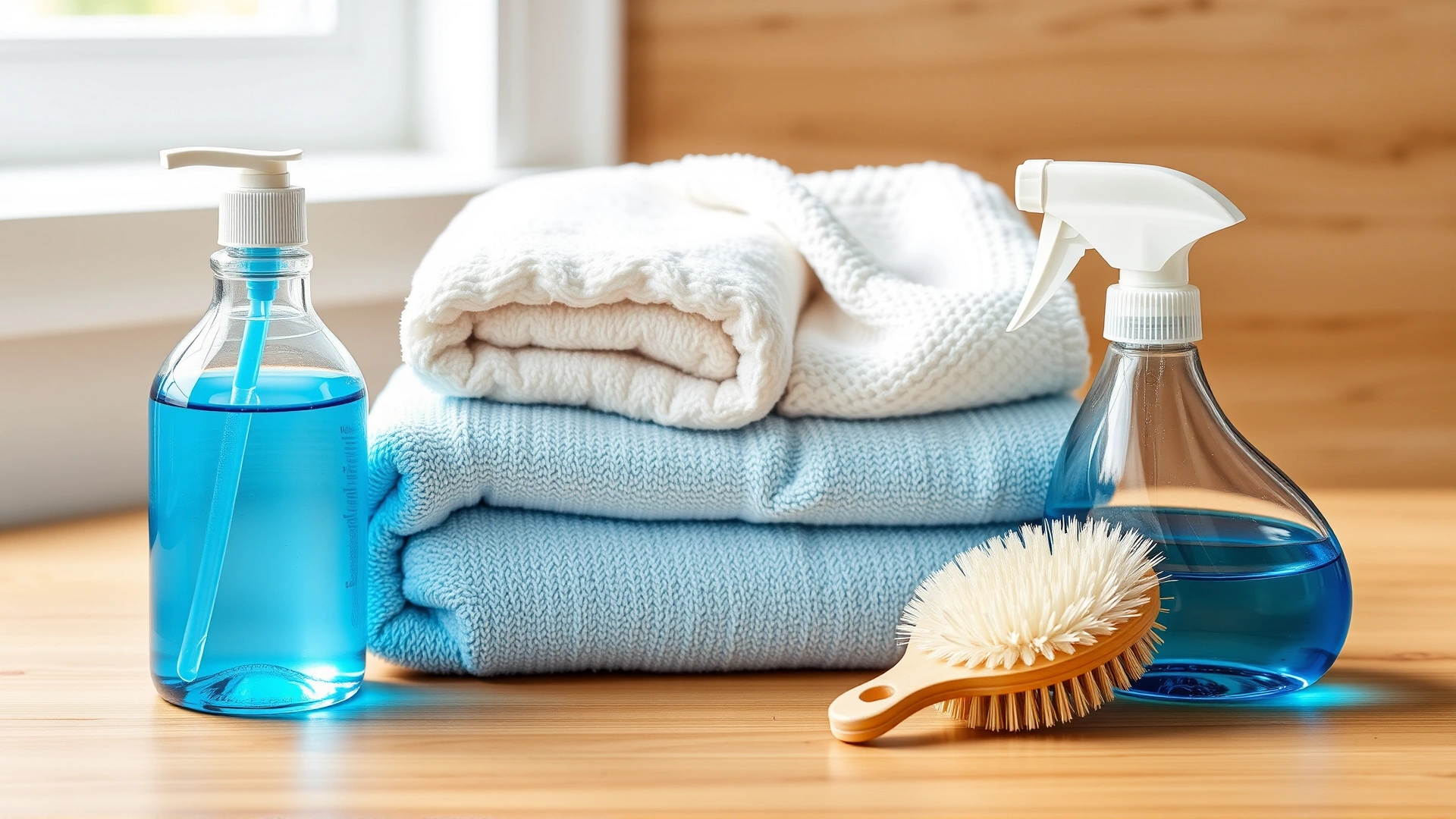 Flat-lay image of pet grooming supplies: a bottle of blue dish soap, two white towels, a soft brush, and a spray bottle, arranged neatly on a wooden countertop with soft natural light.
