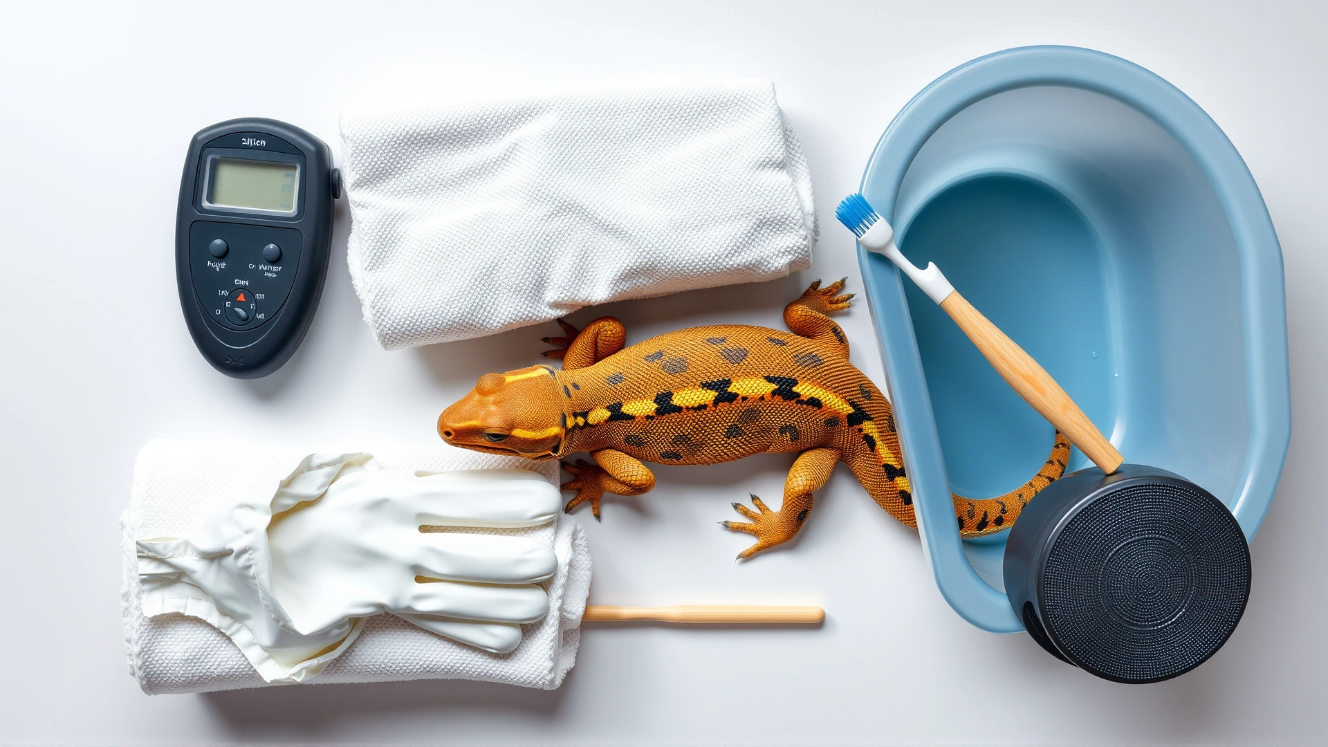 Flat lay of reptile bathing supplies: digital water thermometer, latex gloves, soft toothbrush, clean towels, and a plastic tub, arranged neatly on a white surface