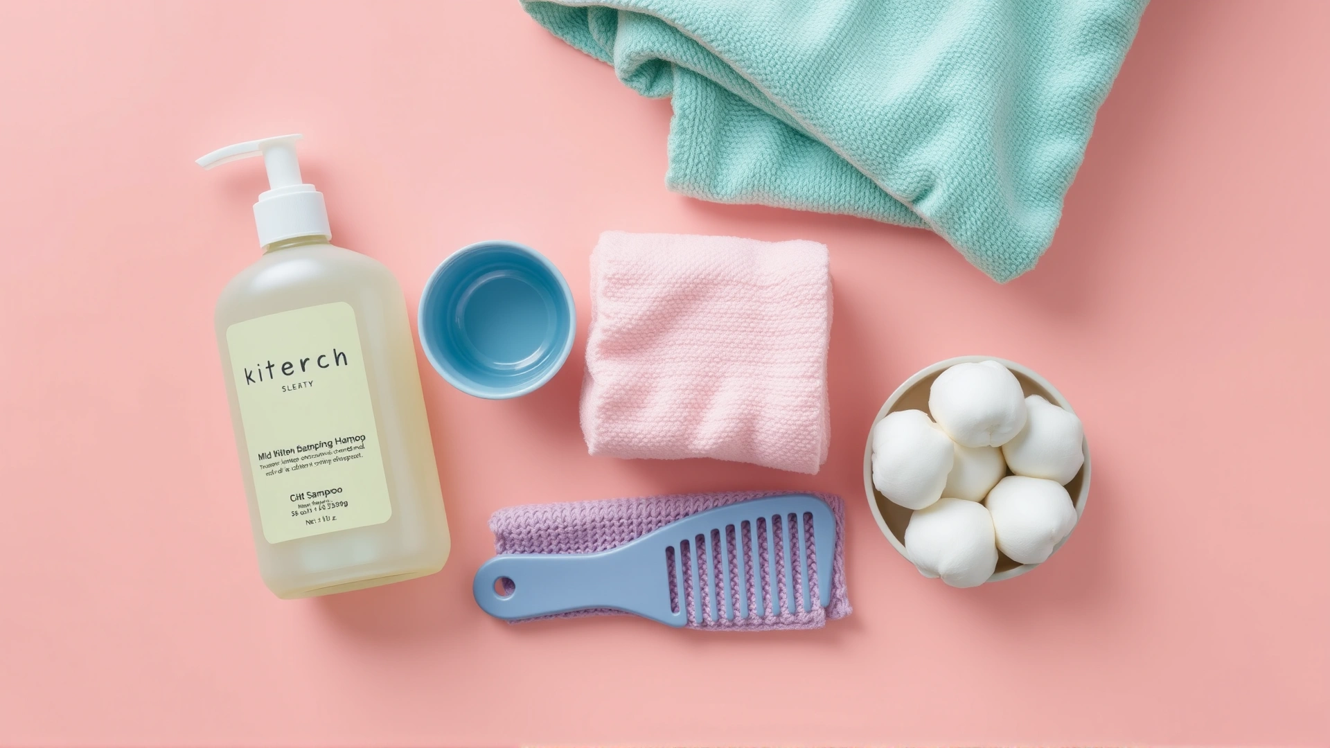 Top-down view of neatly arranged kitten bathing supplies: mild kitten shampoo, small cup, soft washcloth, cotton balls, comb and folded towel on a pastel surface