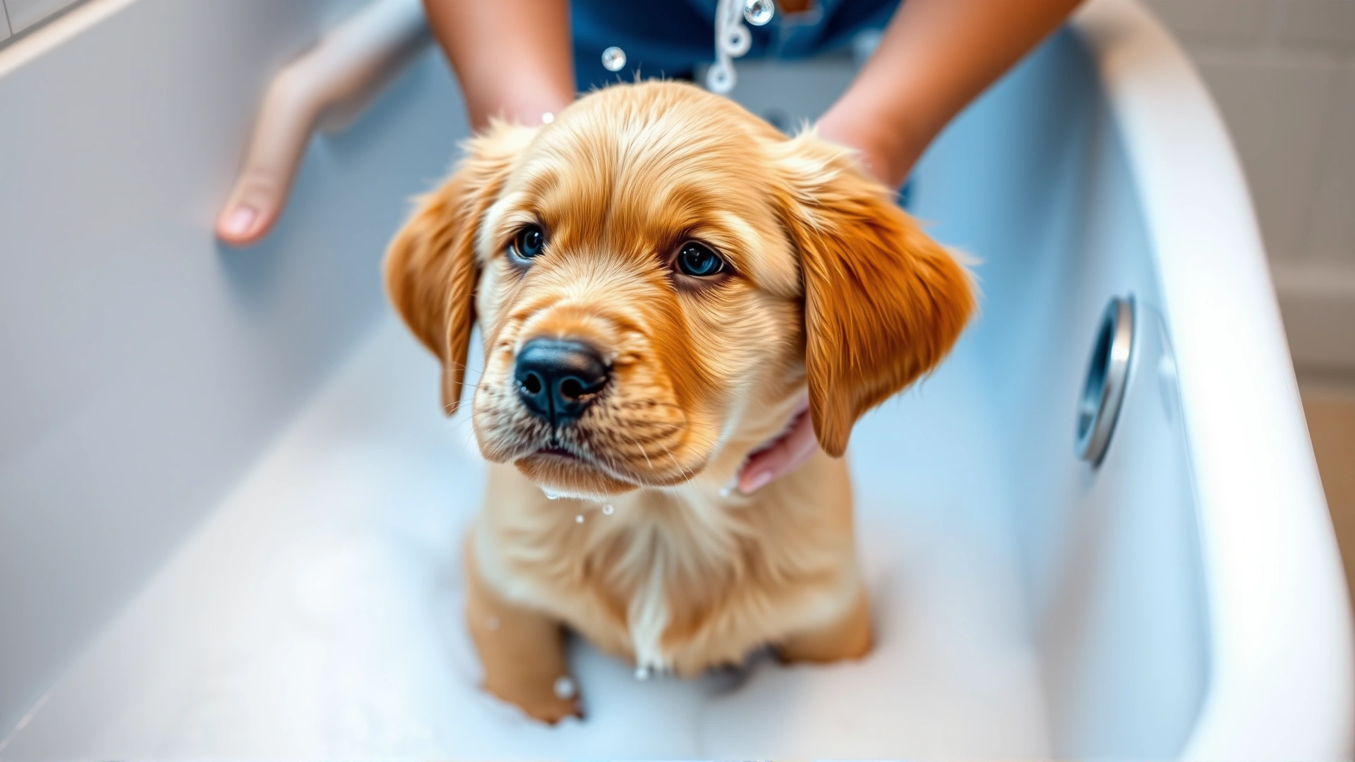 Golden retriever puppy in a bathtub with gentle foam, owner’s hands washing the dog, emphasizing natural care.