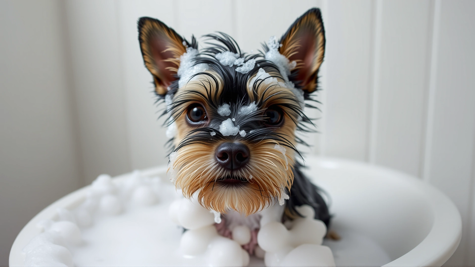 Small terrier covered in shampoo suds inside a basin, looking playfully at the camera.