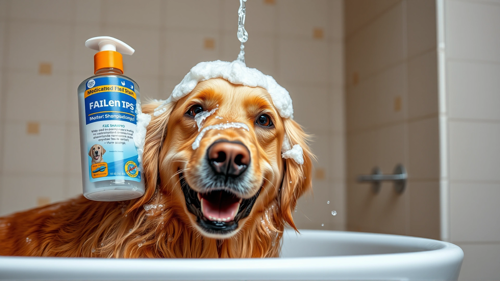 Golden retriever being bathed with medicated flea shampoo, lots of foam and happy dog expression, indoor bathroom setting