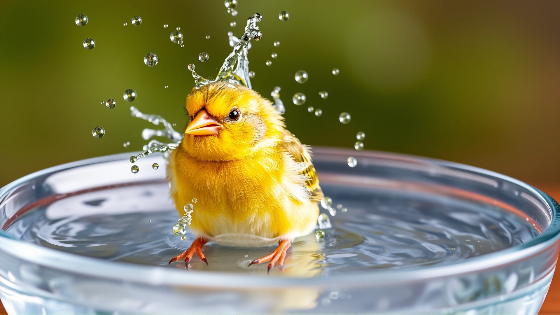 Action shot of a canary splashing enthusiastically in a shallow clear water dish, water droplets frozen mid-air.