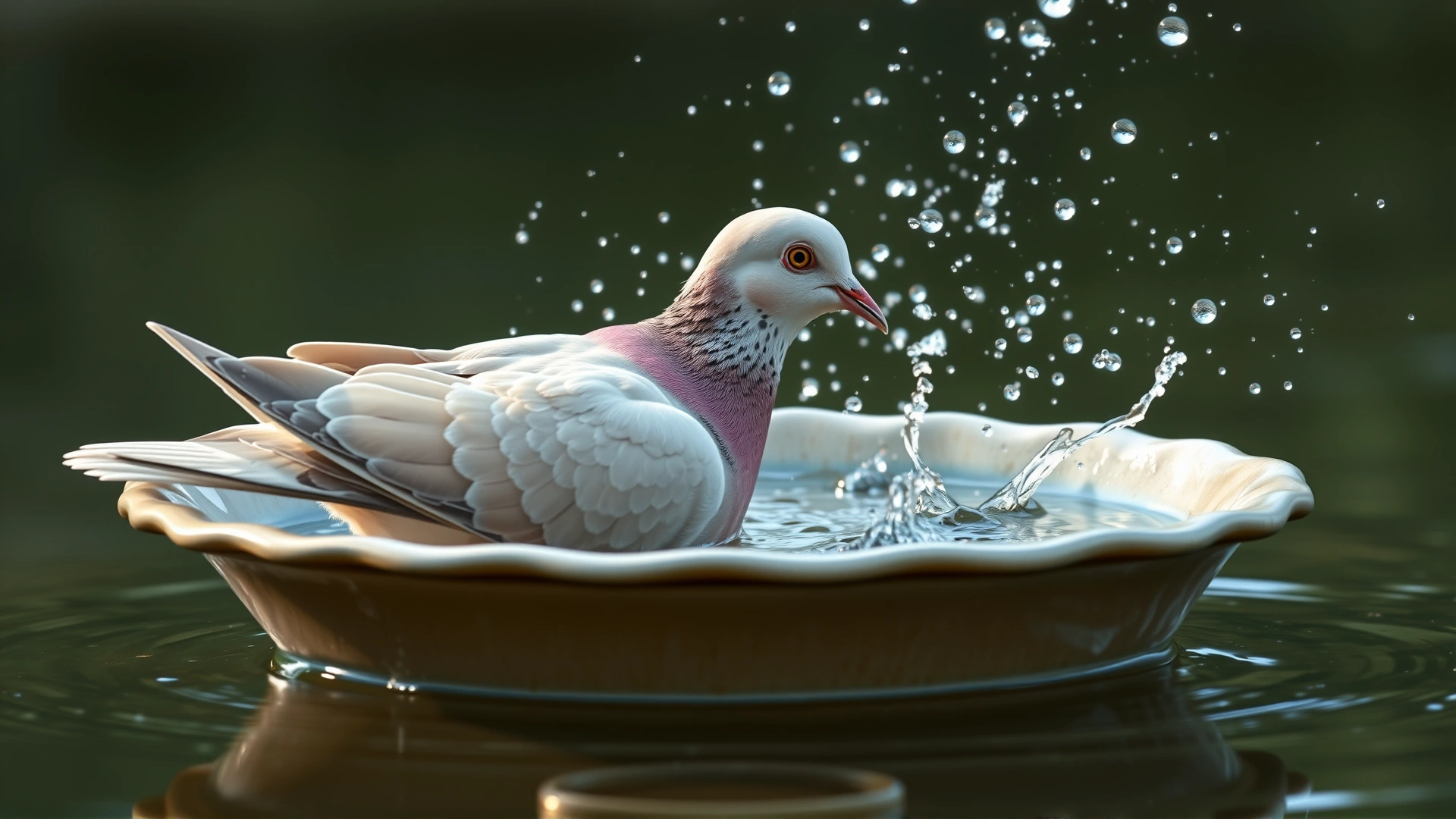 Dove splashing in a shallow bird bath dish with water droplets frozen in motion