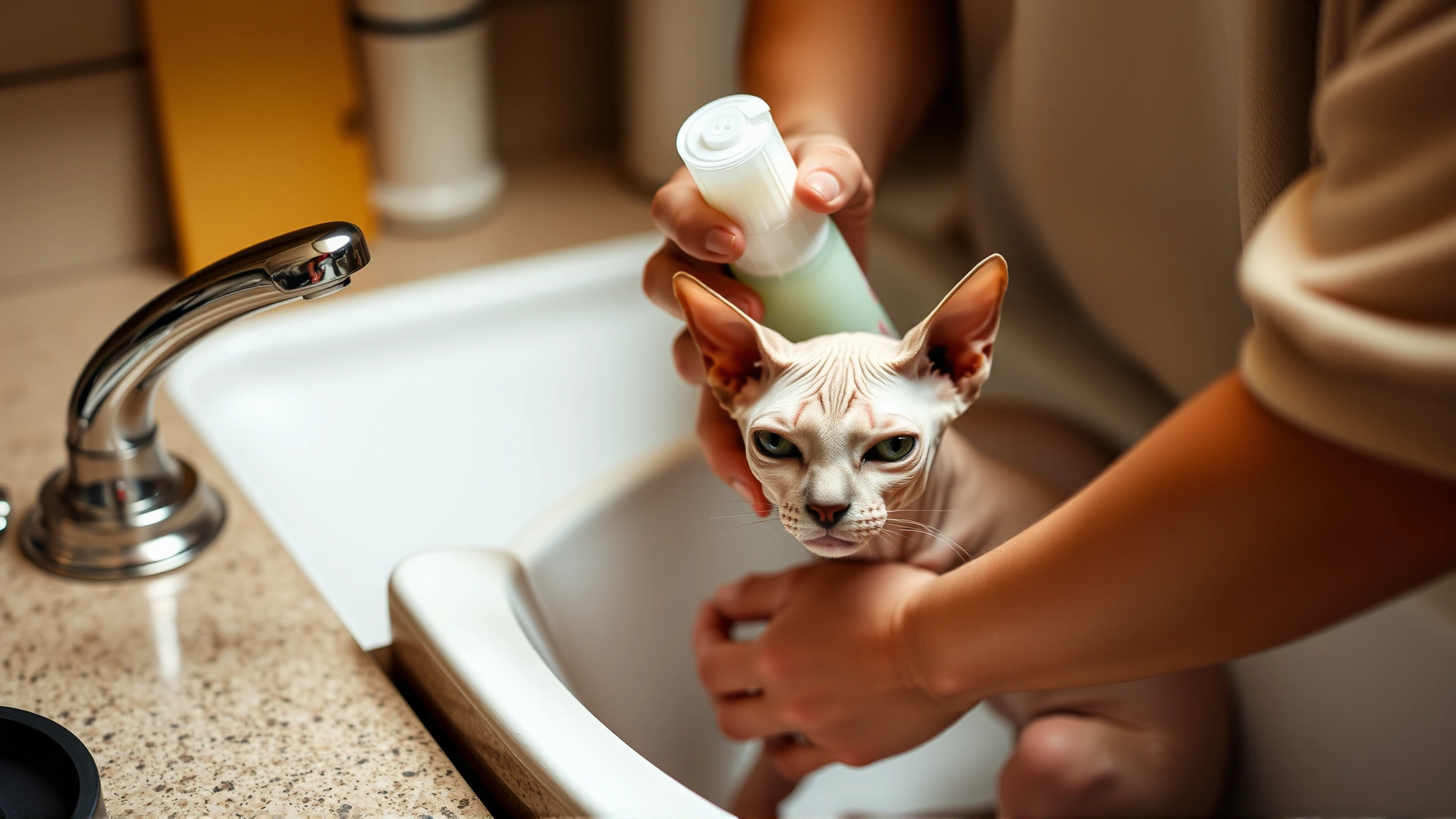 Owner gently bathing a hairless cat in a sink with lukewarm water; focus on careful handling and cat comfort