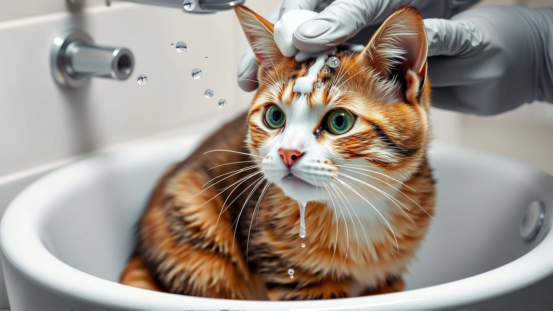 Cat being gently bathed in a sink with gloved hands applying medicated foam shampoo, water droplets frozen mid-air.