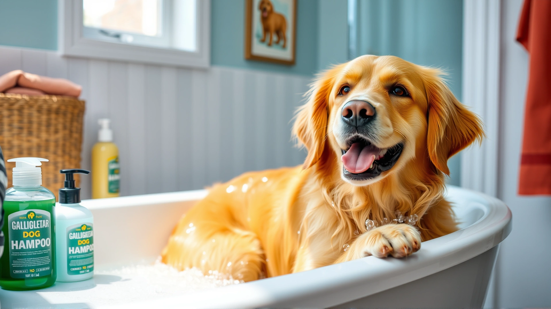 Golden retriever being bathed in a modern bathtub with dog-specific shampoo bottles around, bright bathroom, cheerful expression.