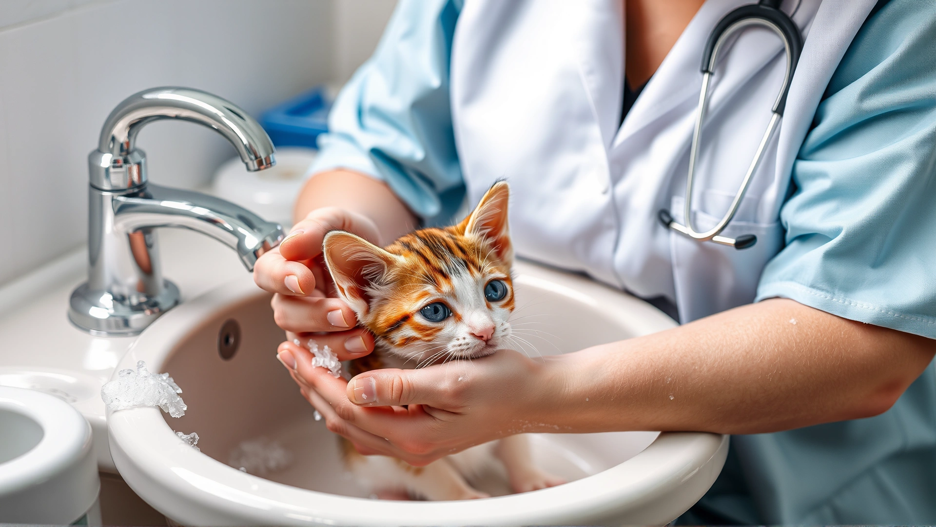 Veterinarian gently bathing a tiny kitten in a sink with mild soap, emphasizing safe flea removal