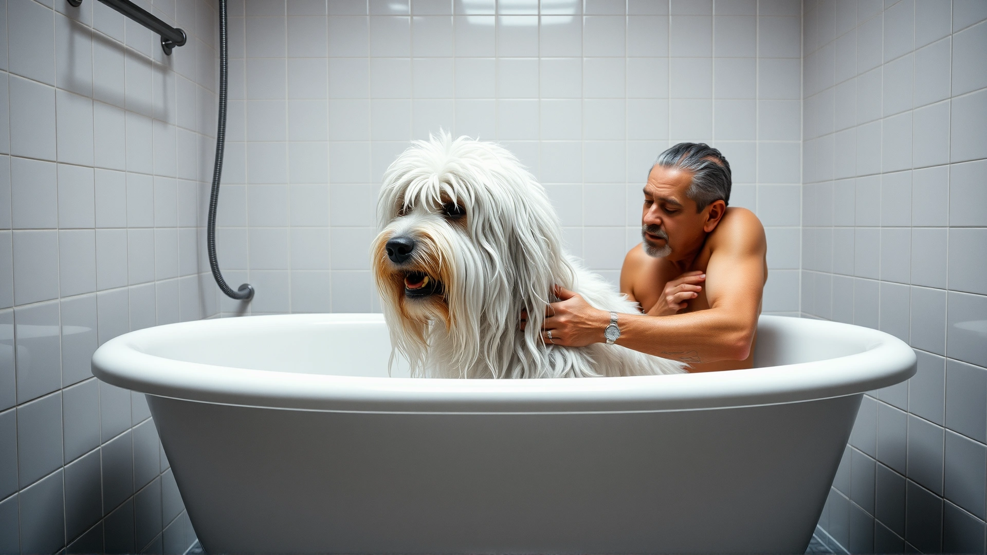 Owner bathing a Komondor in a spacious tub, wet cords hanging heavily, illustrating detailed grooming process