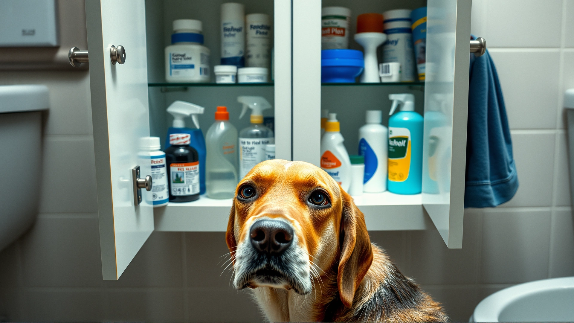 Dog sniffing near an open bathroom cabinet filled with cleaning products and medications.