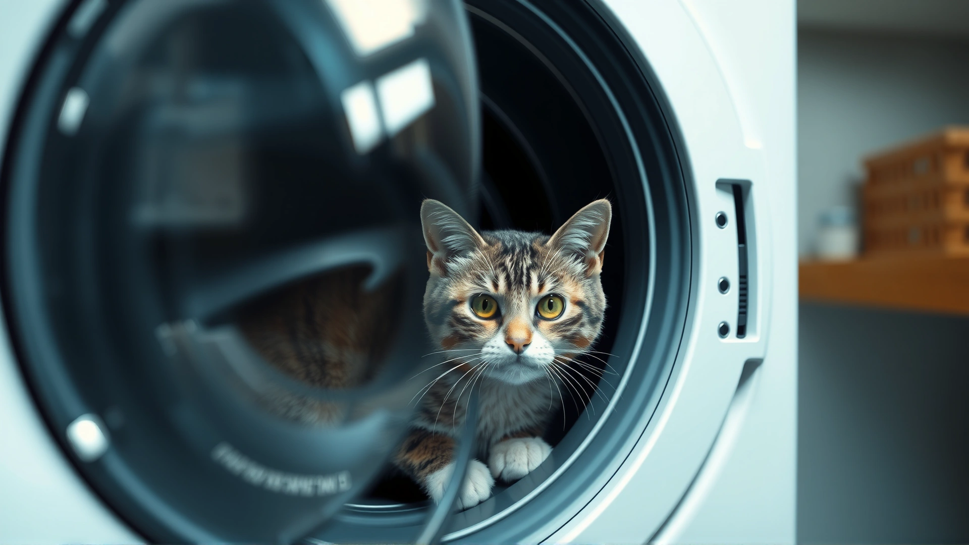 A cat peeking inside an open washing machine in a laundry room.