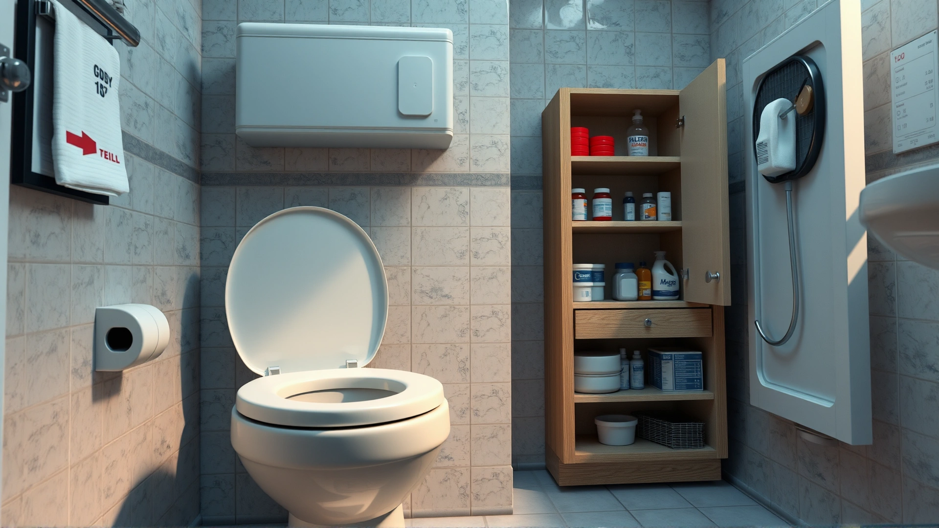 Bathroom scene with the toilet lid closed, medications stored in a cabinet, and cleaning supplies locked away