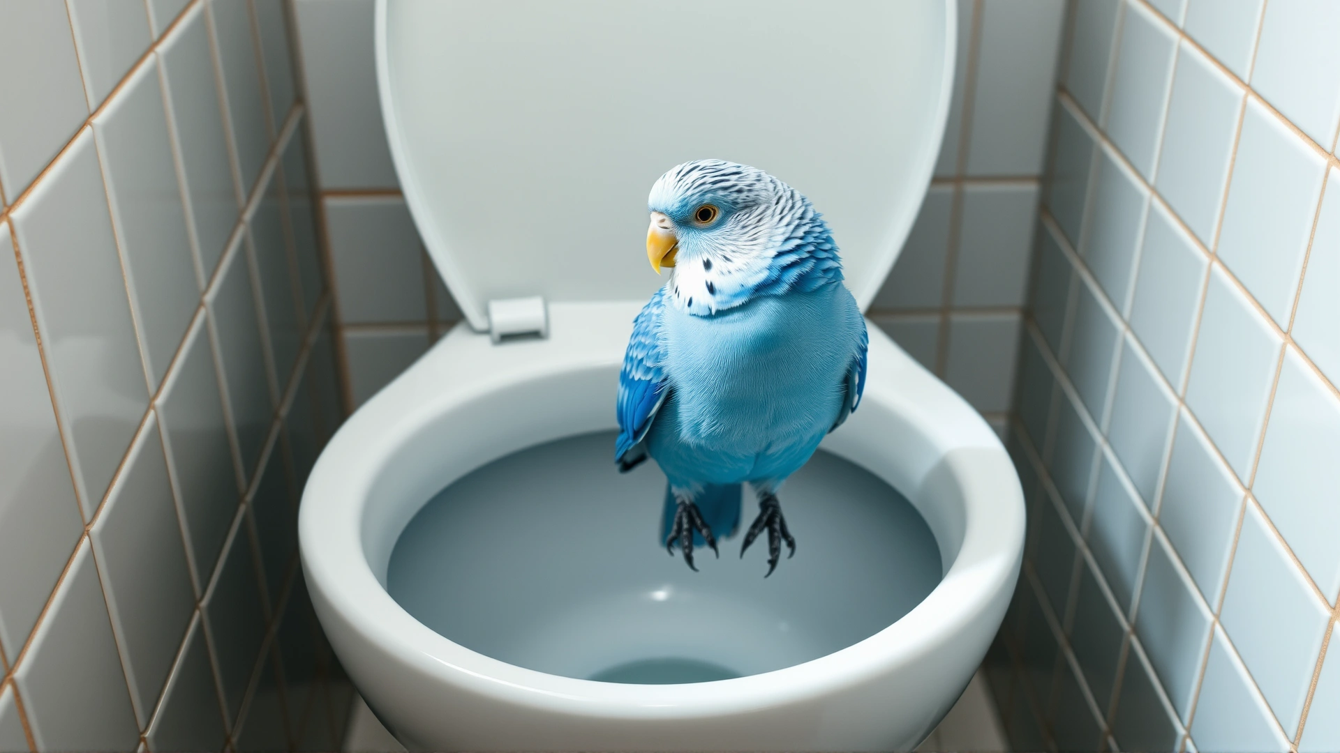 Blue budgie perched on the rim of an open toilet bowl in a white tiled bathroom, natural daylight, no text