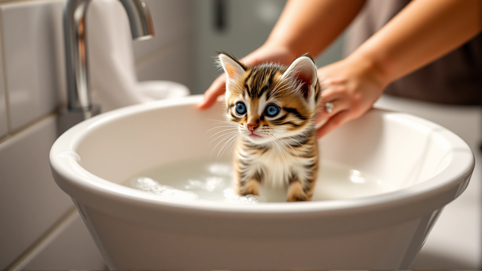 Small kitten standing in a shallow sink bath with gentle soap bubbles around, human hands supporting it, well-lit bathroom.