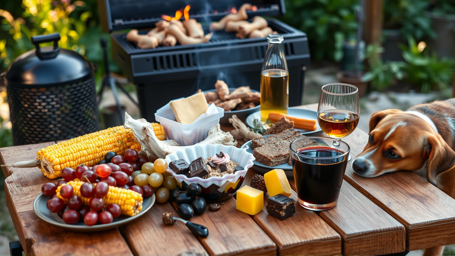 Outdoor barbecue table filled with common foods dangerous to pets (corn cobs, cooked bones, grapes, chocolate desserts, alcoholic drink) with a curious dog sniffing near the edge