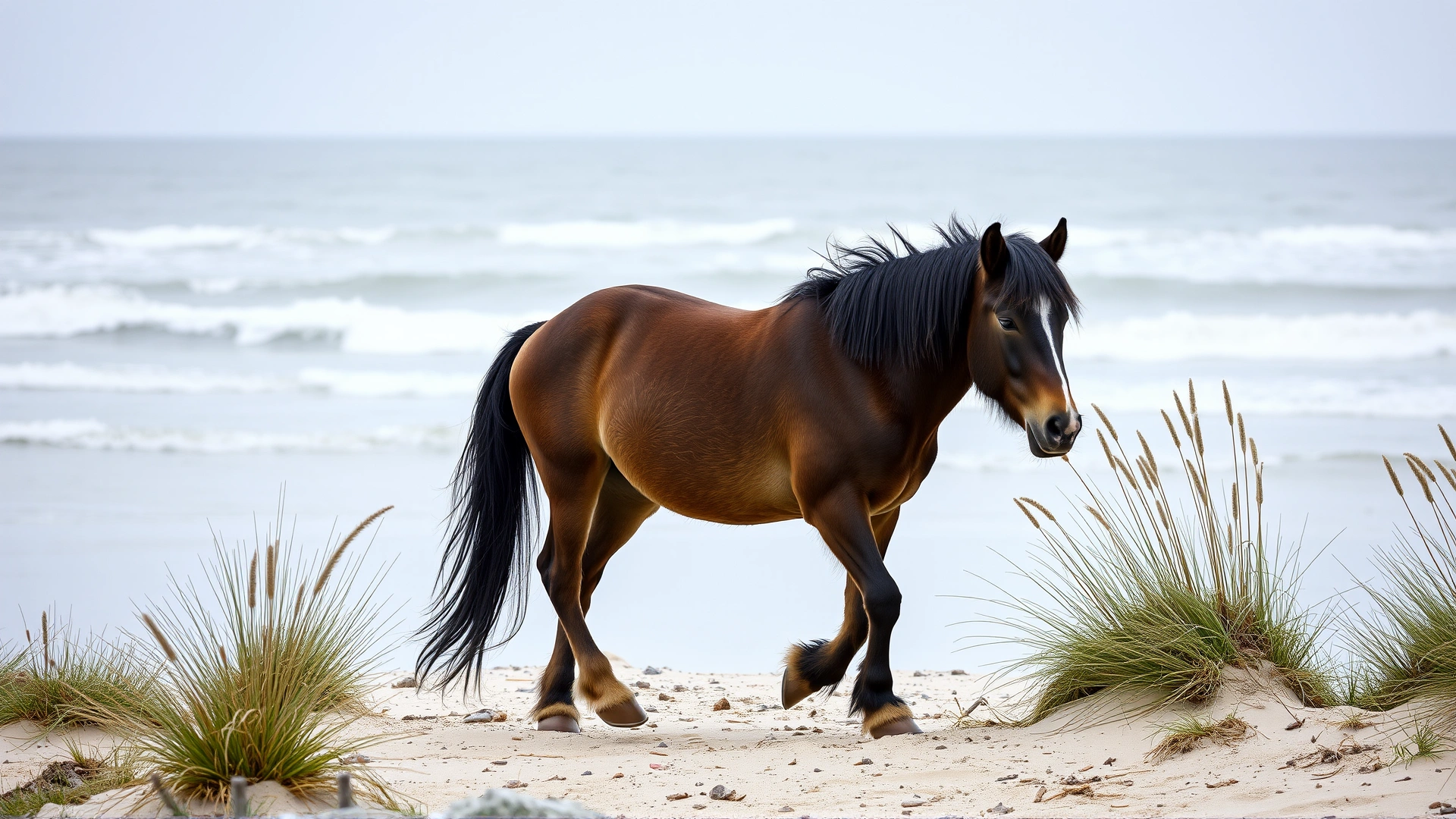 An Assateague pony walking near the ocean surf with dune grasses in the background, overcast lighting, no text