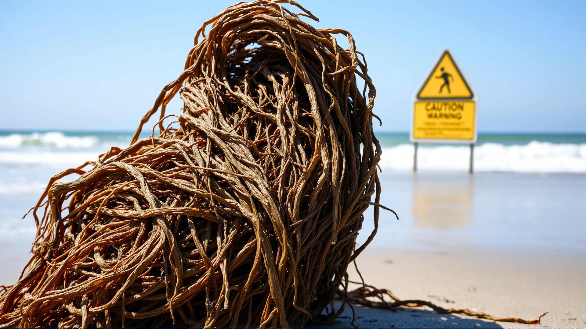 Large tangled clump of dried seaweed washed ashore on a sunny beach, with a blurred warning sign in the distance; conveys caution.