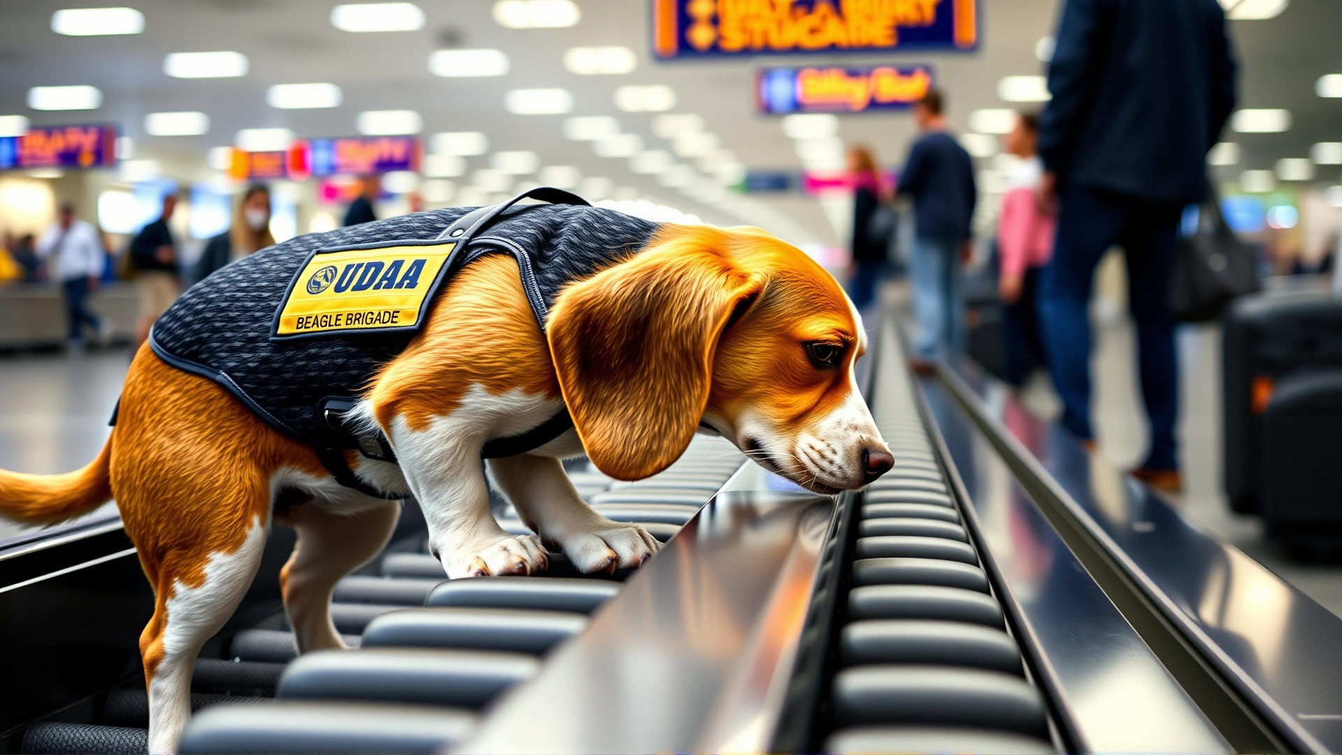 Beagle dog in official USDA Beagle Brigade vest sniffing luggage on an airport conveyor belt, busy terminal background slightly blurred.