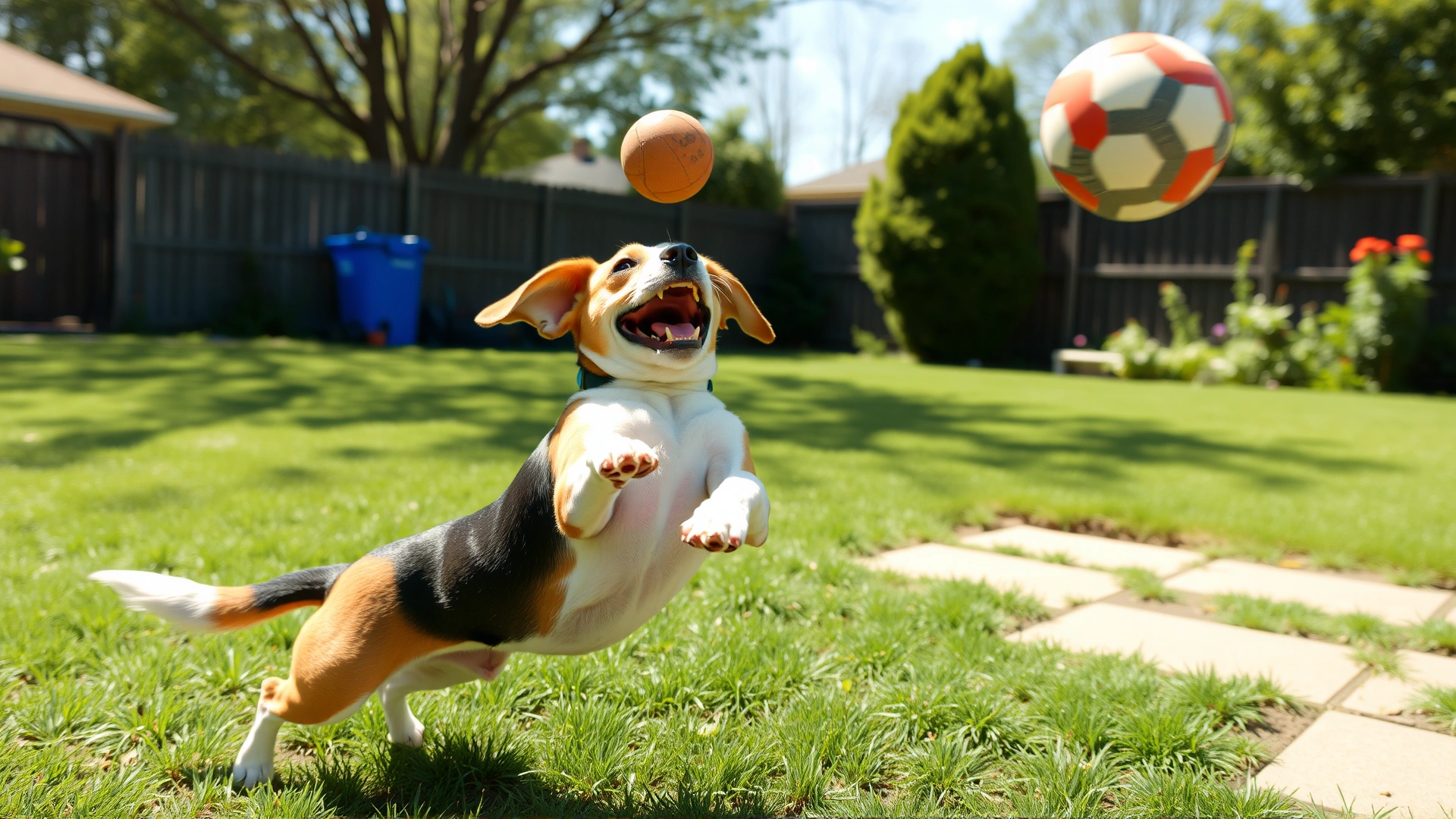 Action shot of a joyful Beagle mid-air catching a ball in a fenced backyard on a bright afternoon, showcasing agility and energy.