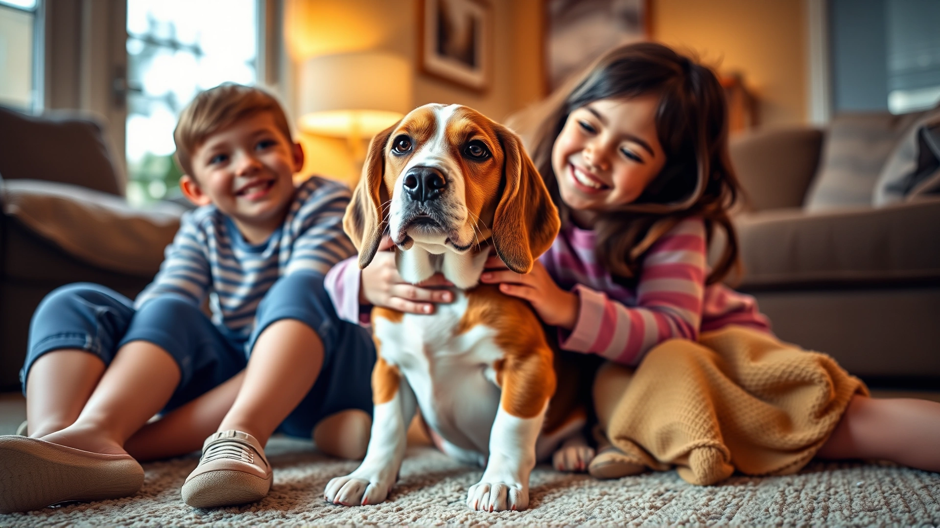 Heart-warming image of a Beagle sitting with two smiling children in a living room, kids gently hugging the dog, warm indoor lighting.