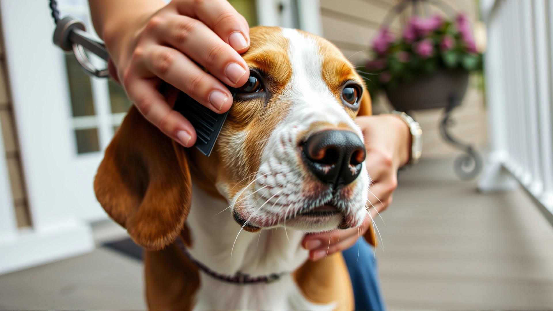 Close-up of a person gently brushing a Beagle’s short coat on a porch, highlighting the dog’s relaxed expression and shiny fur.