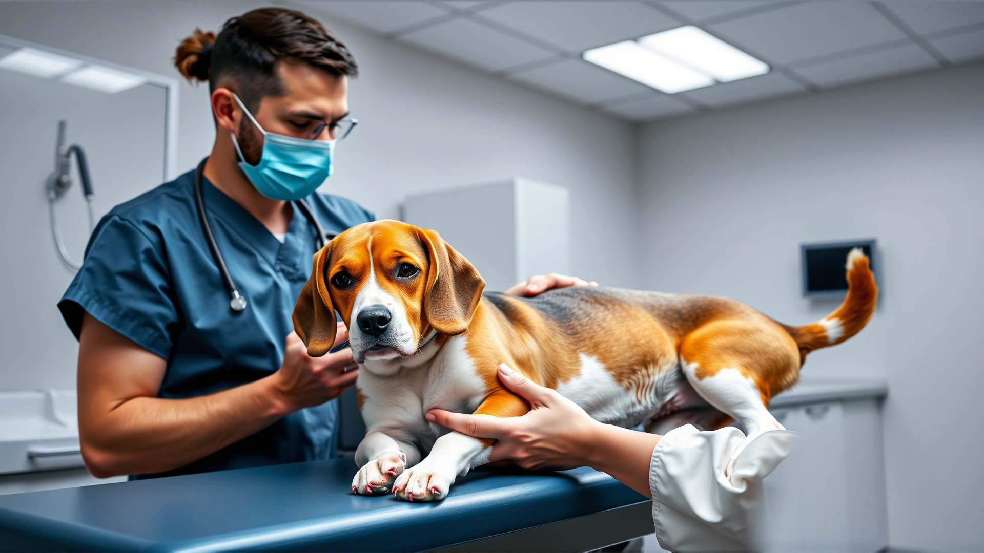Professional veterinary scene with a veterinarian wearing scrubs examining a Beagle on an exam table, stethoscope visible, clean clinic setting.