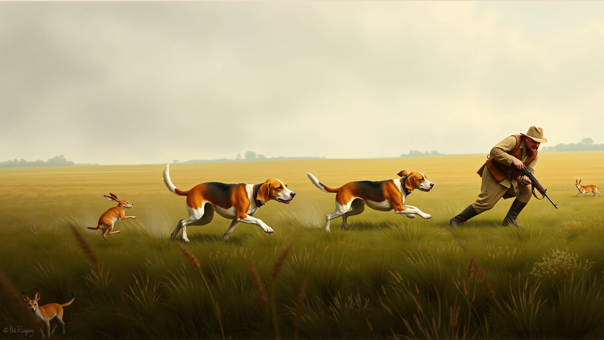 Vintage-style illustration of hunters with a pack of Beagles chasing a hare in the English countryside, muted earthy tones and a classic painting feel.