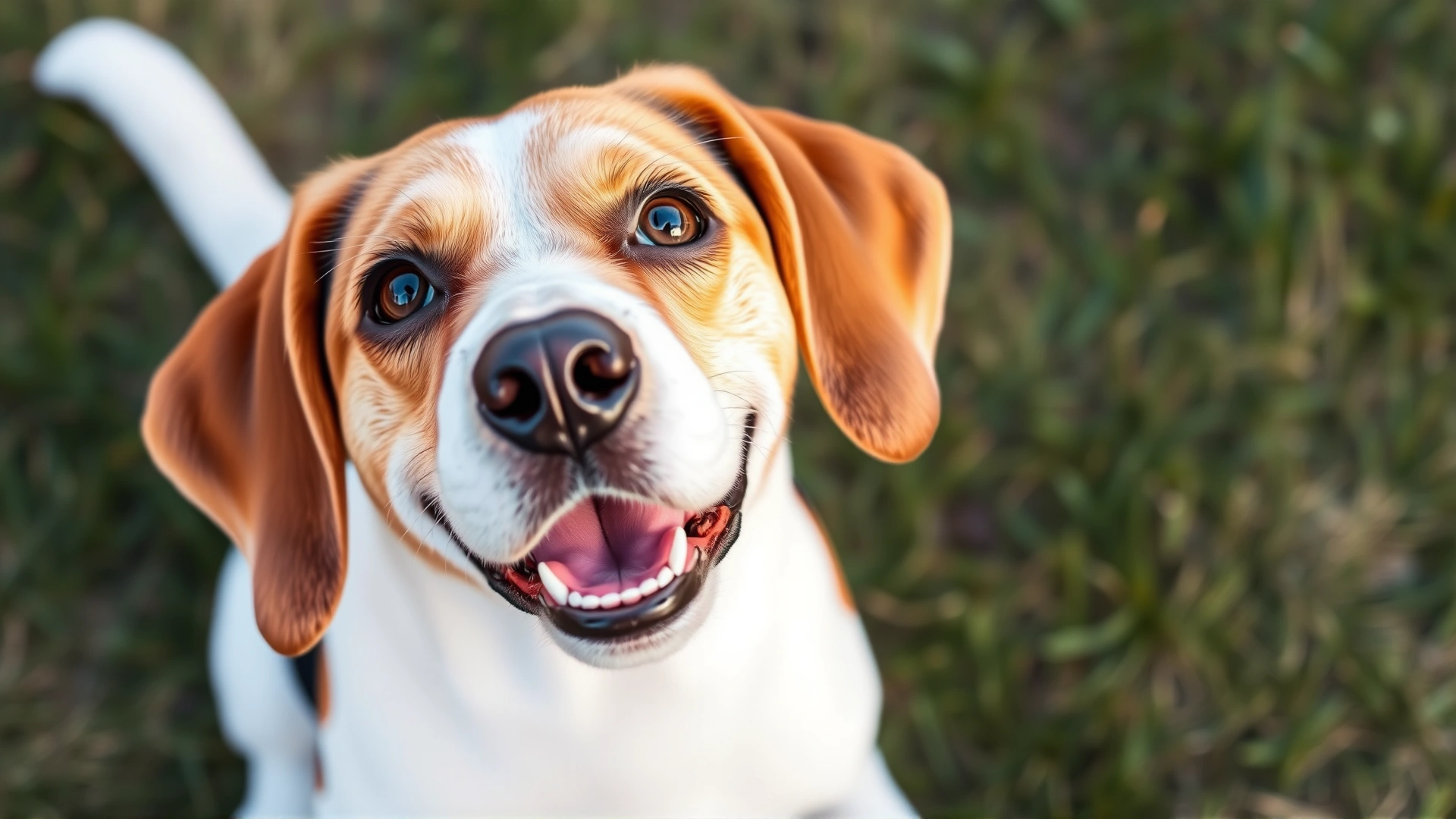 A cheerful Beagle sitting on grass, looking up with its big brown eyes and floppy ears.