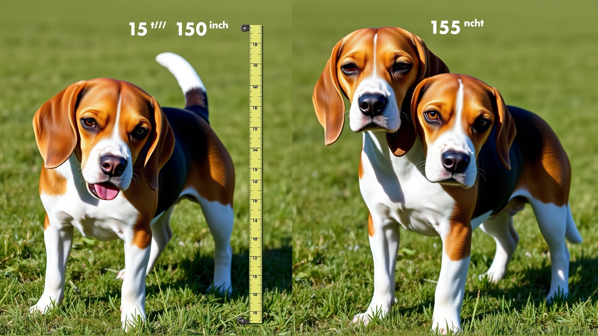 Side-by-side image of two adult Beagles of different sizes (13-inch and 15-inch varieties) standing on grass with a measuring stick for scale, clear daylight.