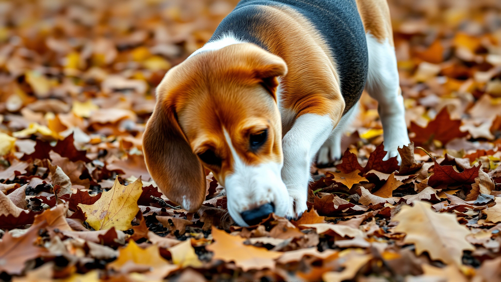 Beagle with nose to the ground following a scent trail through autumn leaves