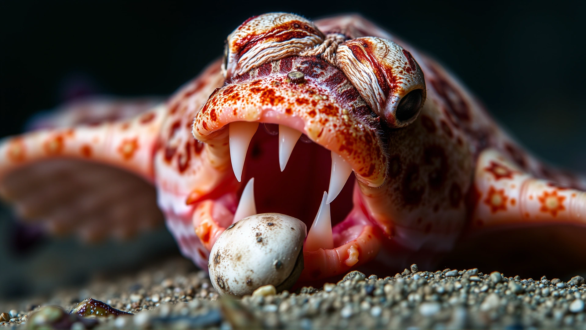 Macro photograph showing the beak-like fused teeth of a puffer fish biting on a small seashell, crisp detail