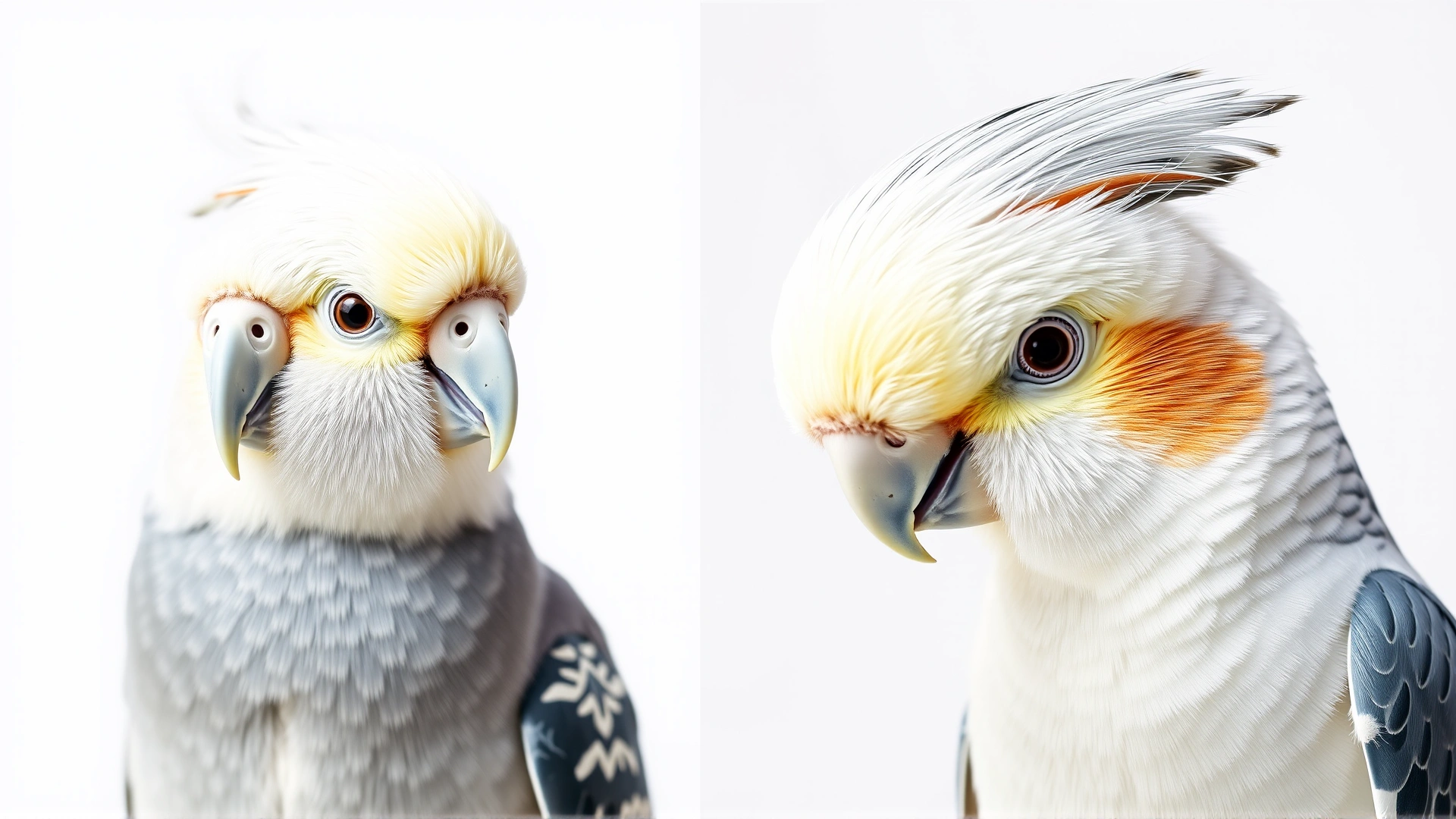 Split-image showing on left a healthy cockatiel with a perfectly aligned beak and on right the same species with a visibly overgrown, downward-curling upper beak. Clean white studio background, high detail.