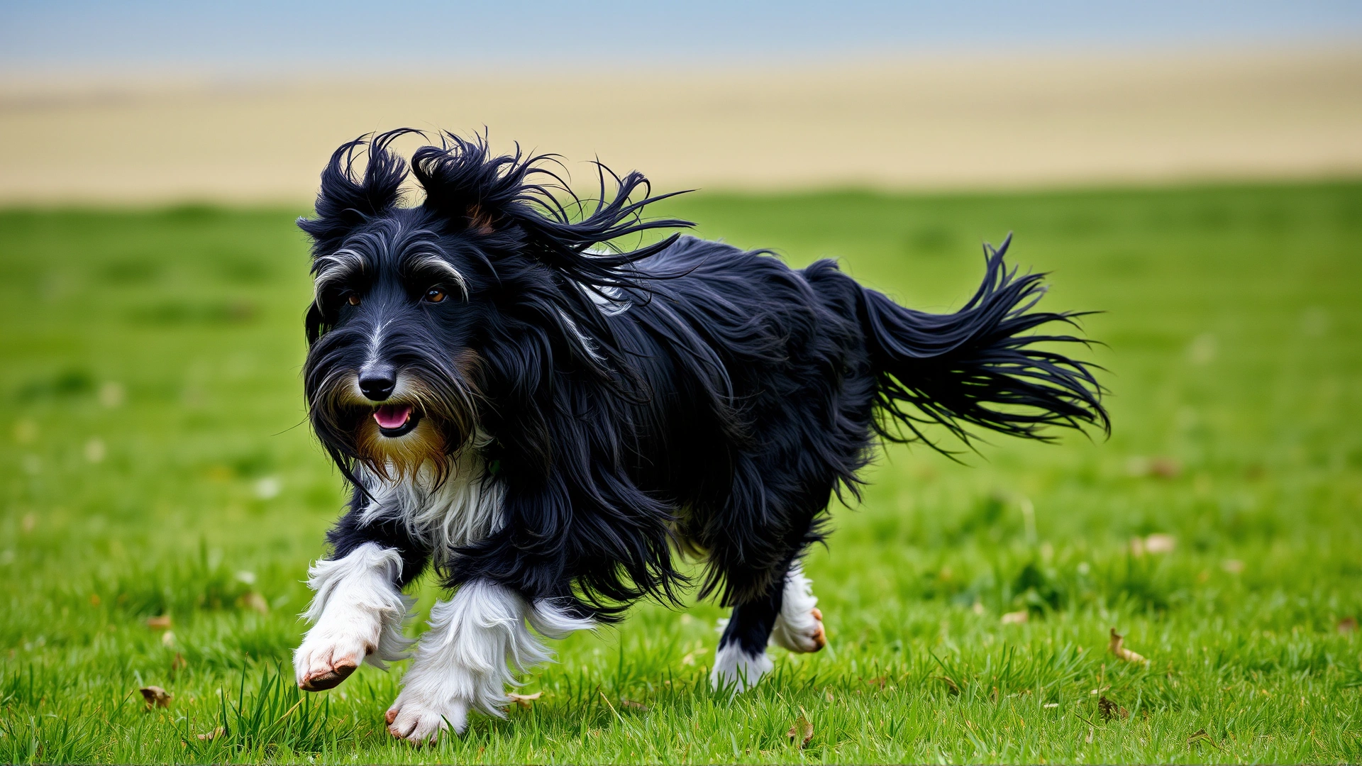 A Bearded Collie running across a grassy field, its long hair flowing in the wind.