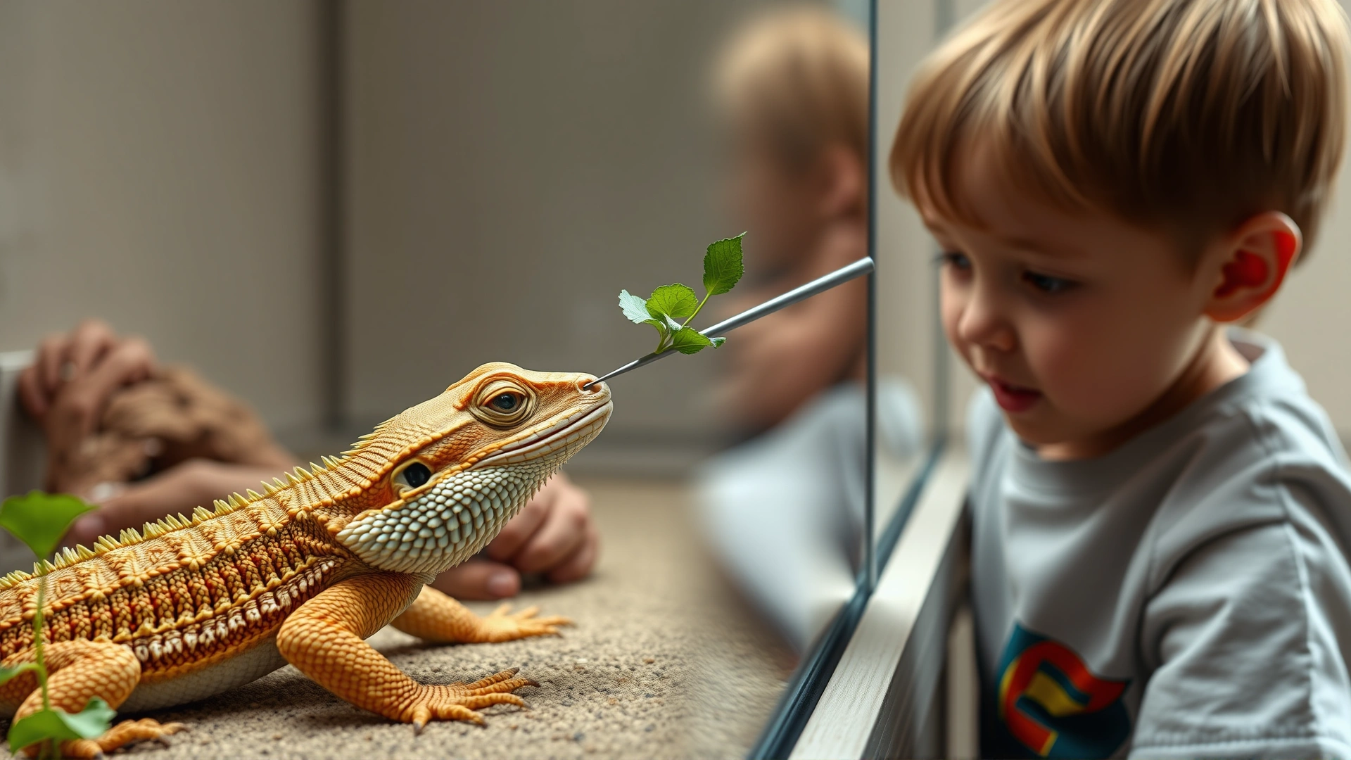 Close-up of a child using tweezers to offer leafy greens to a relaxed bearded dragon inside a spacious enclosure; neutral background; no text