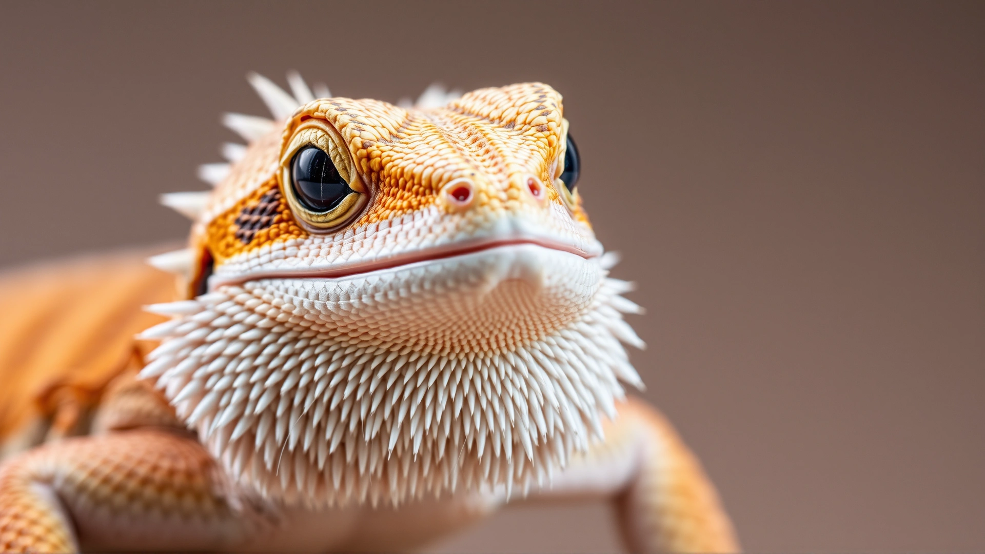 Close-up portrait of a bearded dragon showing its distinctive spiky beard and bright eyes, neutral background.