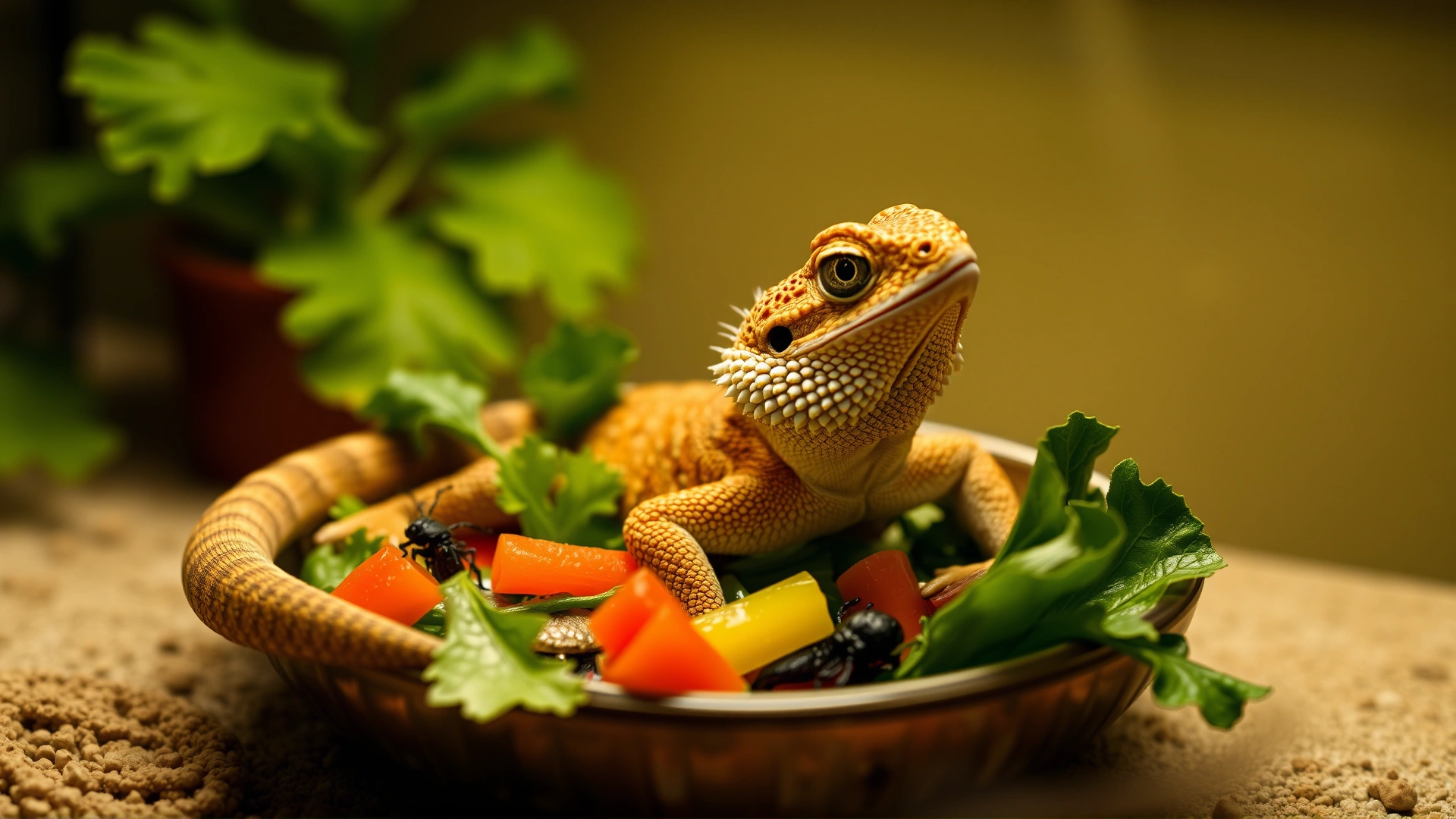 Adult bearded dragon sitting in a shallow food dish containing mixed leafy greens, bell peppers, and a few live insects, warm habitat lighting